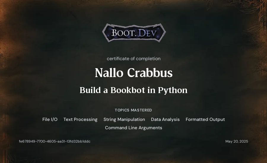 Nallo Crabbus's Boot.dev Build a BookBot in Python certificate