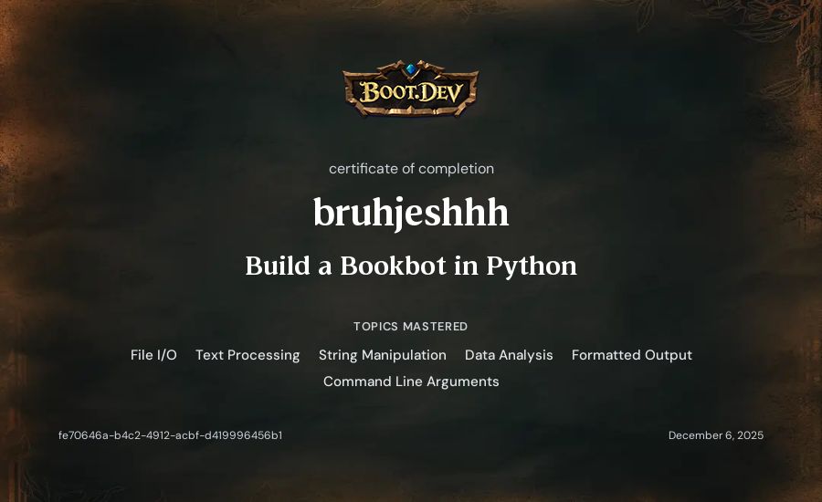 bruhjeshhh's Boot.dev Build a BookBot in Python certificate