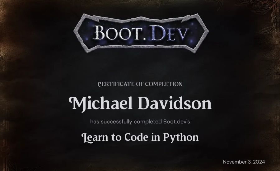 Mike Davidson's Boot.dev Introduction to Python Course certificate