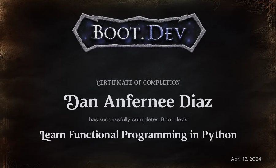 Dan Anfernee Diaz's Boot.dev Learn Functional Programming in Python certificate
