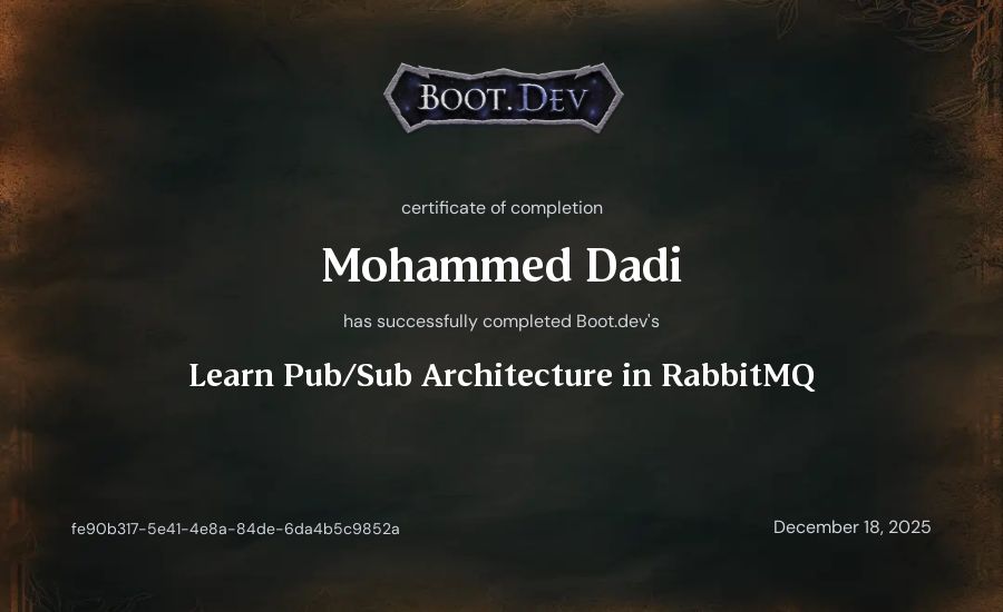 Mohammed Dadi's Boot.dev Learn Pub/Sub in RabbitMQ and Go certificate