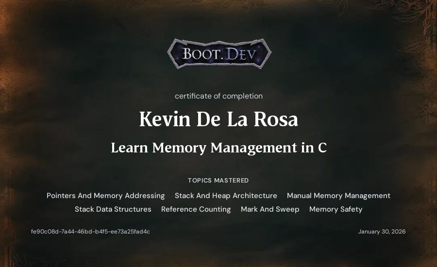 Kevin De La Rosa's Boot.dev Learn Memory Management in C certificate