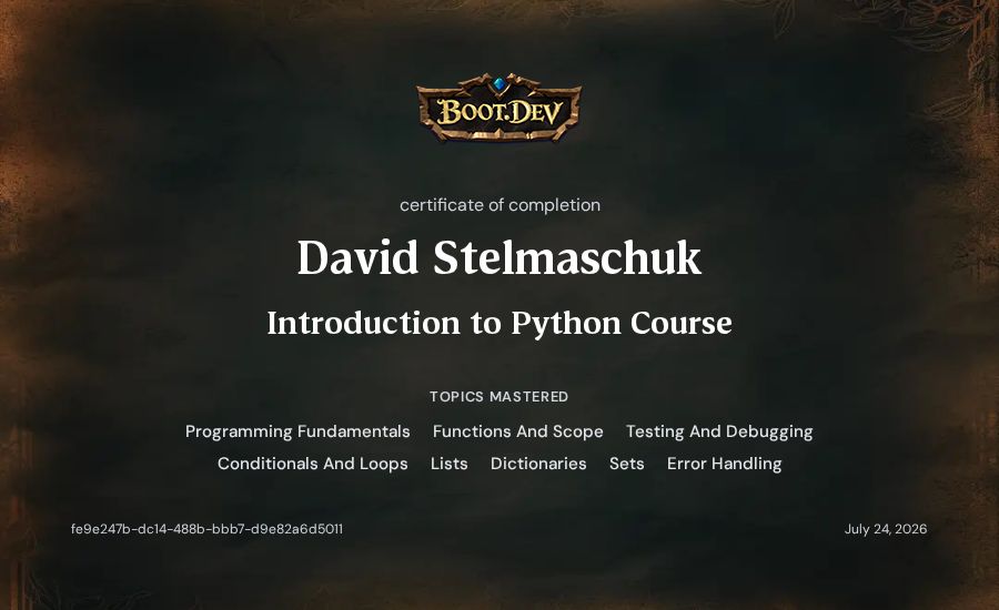 David Stelmaschuk's Boot.dev Introduction to Python Course certificate