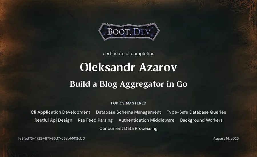 Oleksandr Azarov's Boot.dev Build a Blog Aggregator in Go certificate