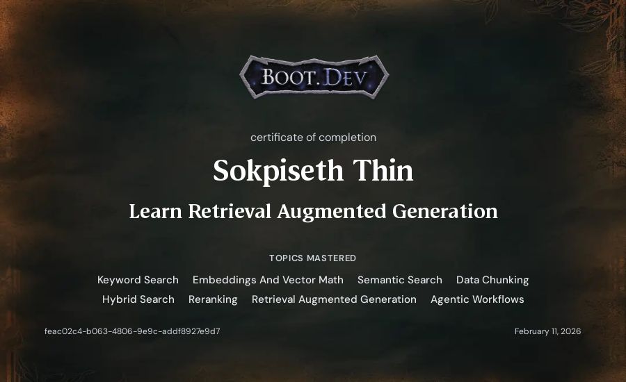 Sokpiseth Thin's Boot.dev Learn Retrieval Augmented Generation certificate