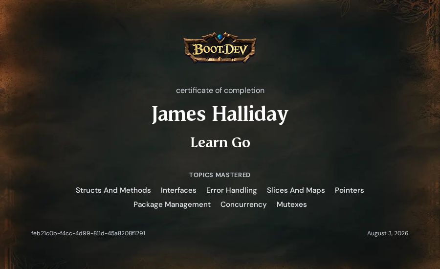 James Halliday's Boot.dev Learn Go certificate