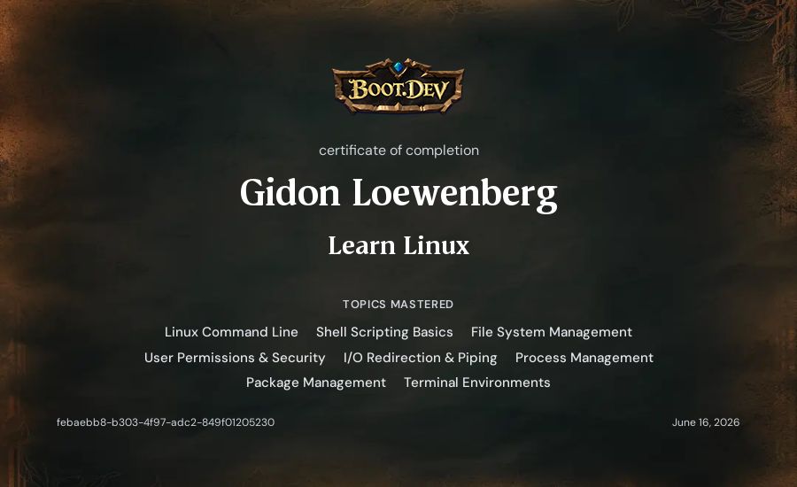 Gidon Loewenberg's Boot.dev Learn Linux certificate