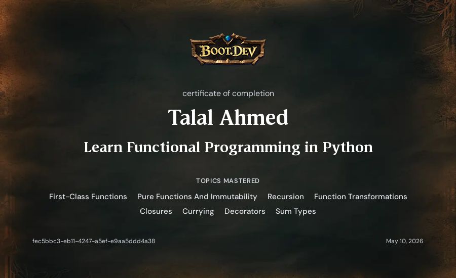Talal Ahmed's Boot.dev Learn Functional Programming in Python certificate