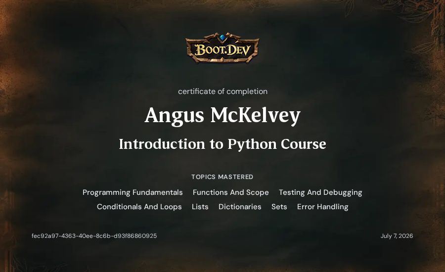 Angus McKelvey's Boot.dev Introduction to Python Course certificate