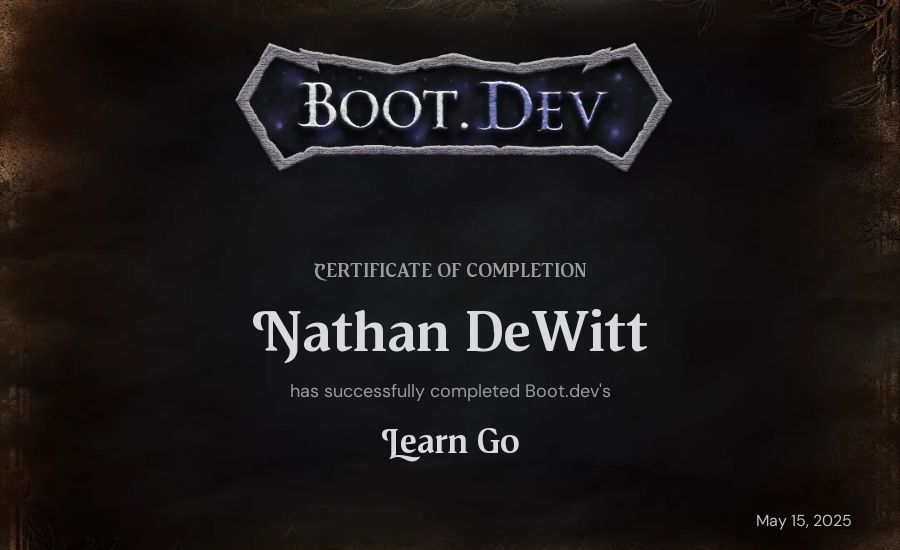 Nathan DeWitt's Boot.dev Learn Go certificate