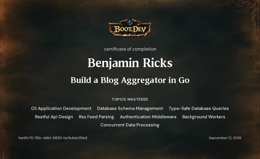 Benjamin Ricks's Boot.dev Build a Blog Aggregator in Go certificate