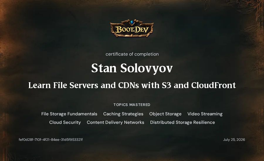 Stan Solovyov's Boot.dev Learn File Servers and CDNs with S3 and CloudFront certificate