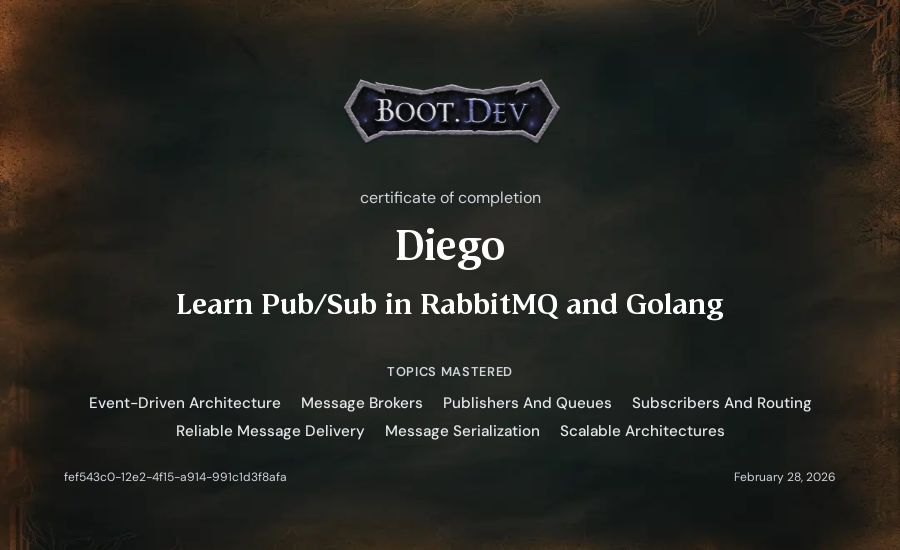 Diego's Boot.dev Learn Pub/Sub in RabbitMQ and Go certificate