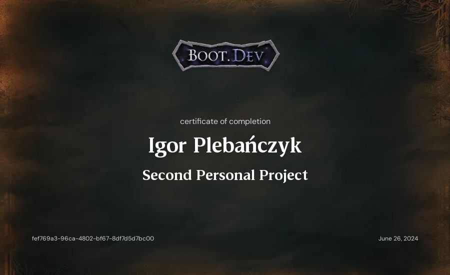 Igor Plebańczyk's Boot.dev Second Personal Project certificate