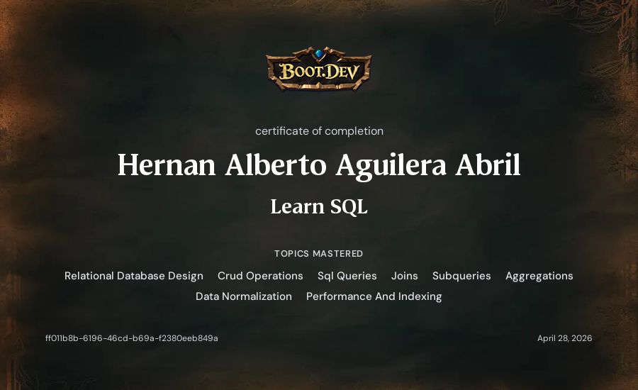 Hernan Alberto Aguilera Abril's Boot.dev Learn SQL certificate