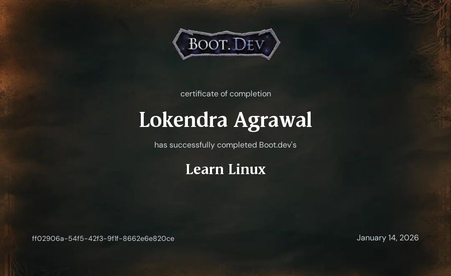 Lokendra Agrawal's Boot.dev Learn Linux certificate