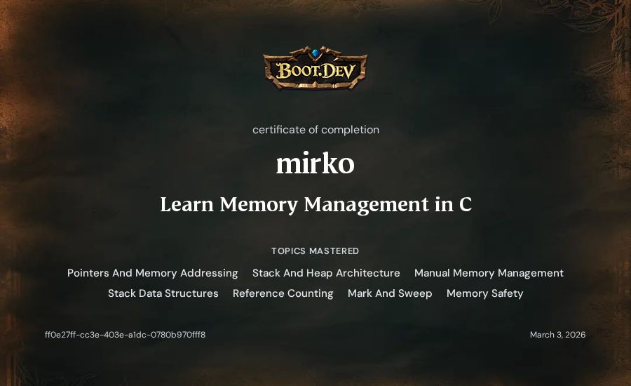 mirko's Boot.dev Learn Memory Management in C certificate