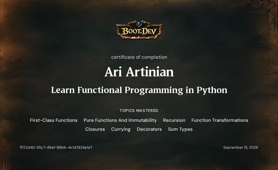 Ari Artinian's Boot.dev Learn Functional Programming in Python certificate