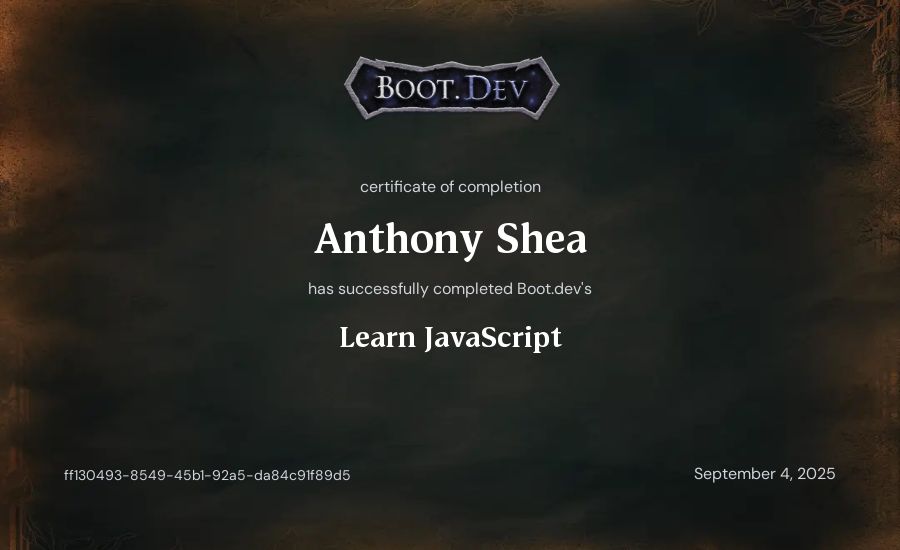 Anthony Shea's Boot.dev Learn JavaScript certificate