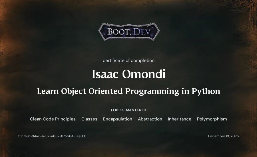 Isaac Omondi's Boot.dev Learn Object Oriented Programming in Python certificate