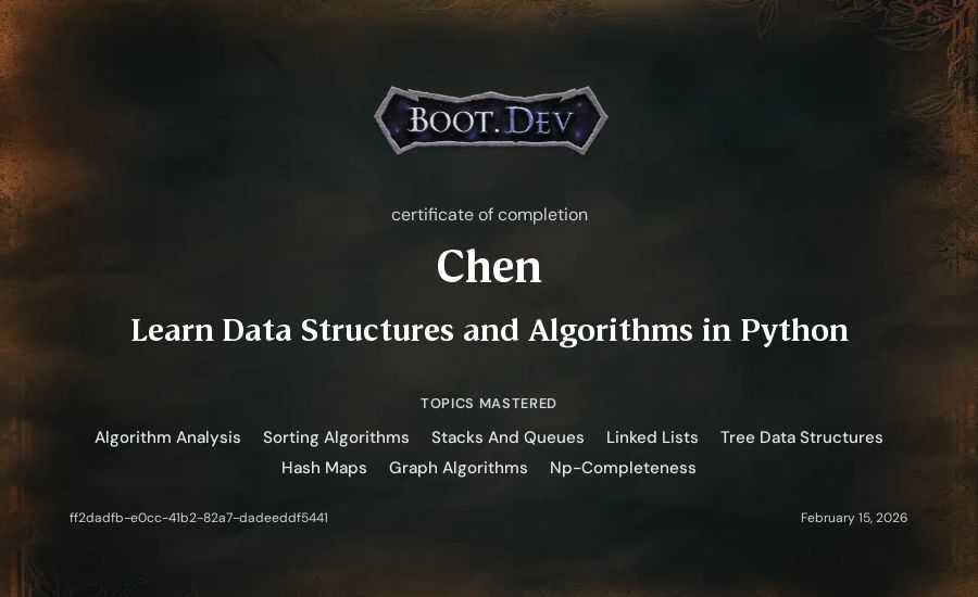 Chen's Boot.dev Learn Data Structures and Algorithms in Python certificate