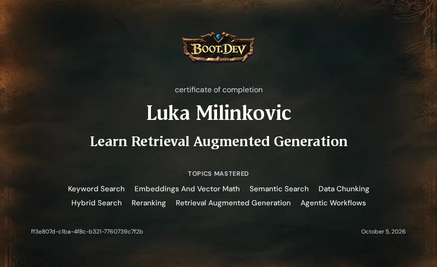 Luka Milinkovic's Boot.dev Learn Retrieval Augmented Generation certificate