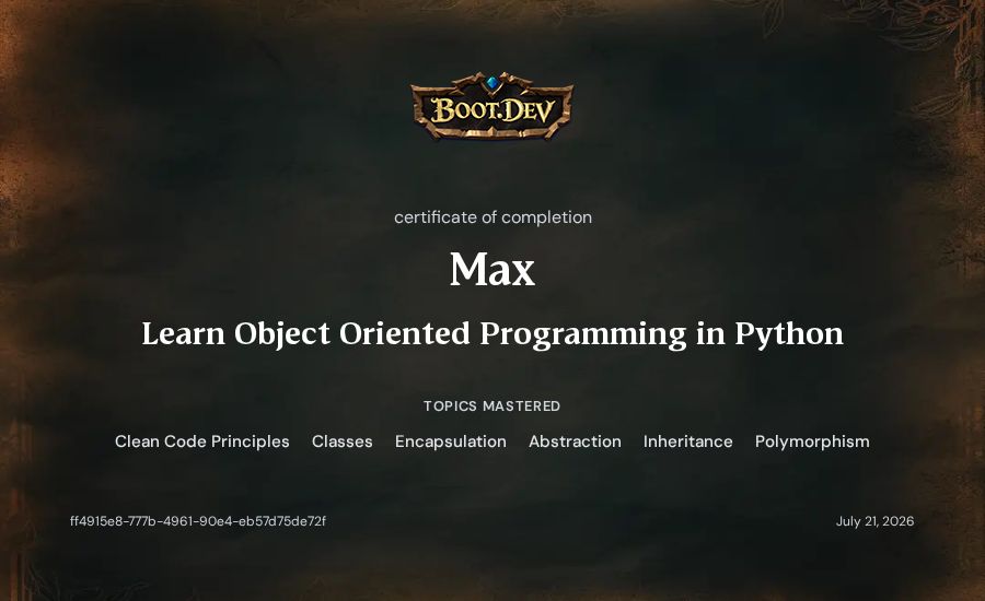 Max's Boot.dev Learn Object Oriented Programming in Python certificate
