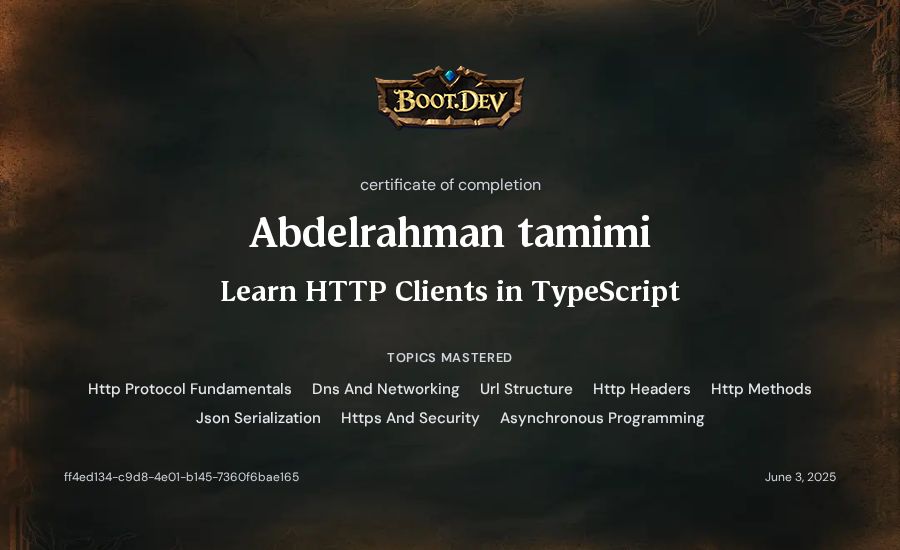 Abdelrahman tamimi's Boot.dev Learn HTTP Clients in TypeScript certificate
