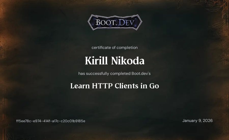 Kirill Nikoda's Boot.dev Learn HTTP Clients in Go certificate