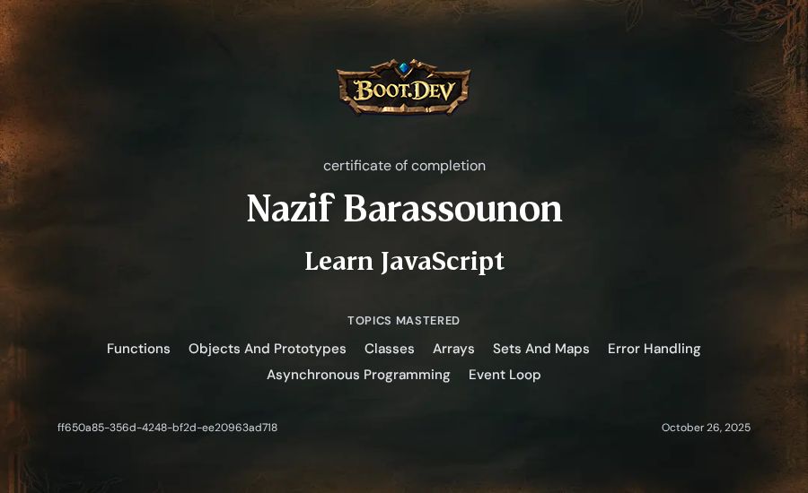 Nazif Barassounon's Boot.dev Learn JavaScript certificate