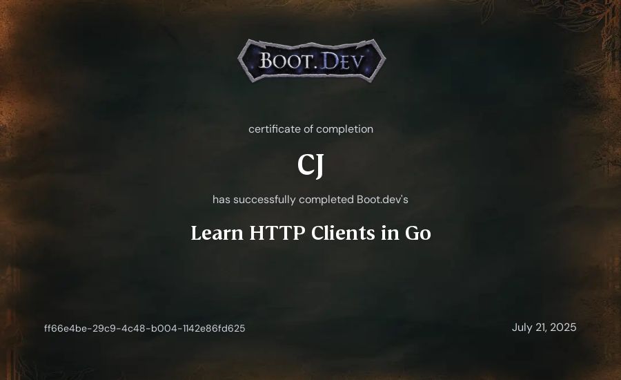 CJ's Boot.dev Learn HTTP Clients in Go certificate