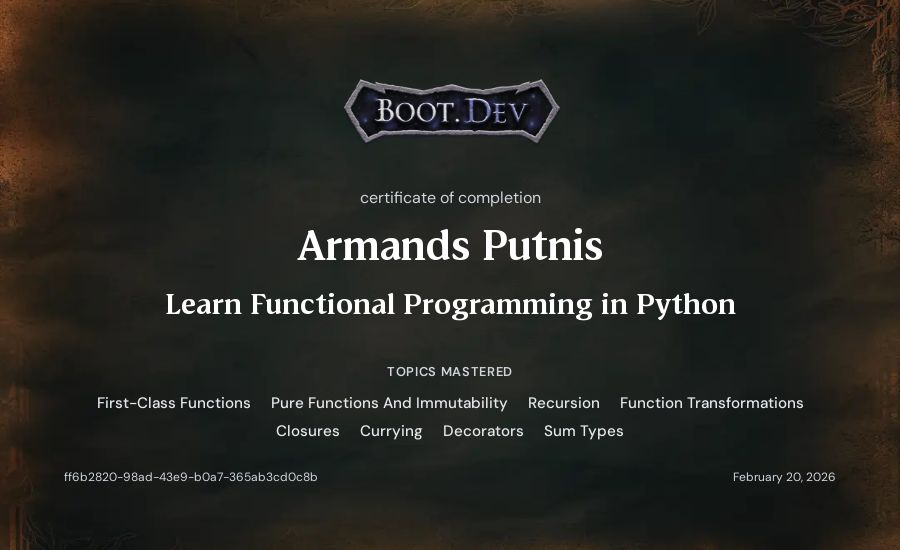 Armands P's Boot.dev Learn Functional Programming in Python certificate