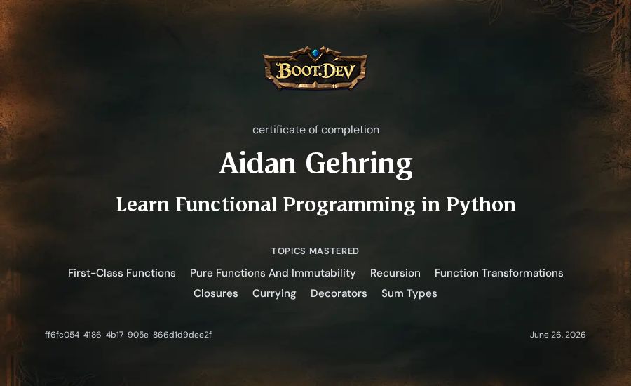 Aidan Gehring's Boot.dev Learn Functional Programming in Python certificate