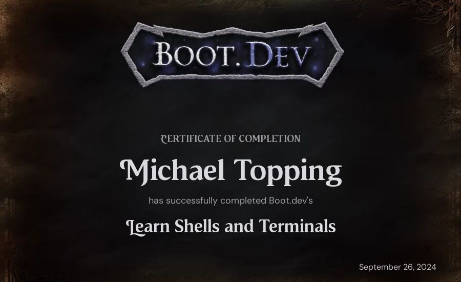 Michael Topping's Boot.dev Learn Linux certificate