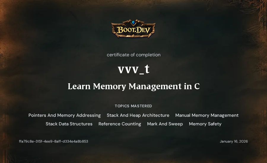 vvv_t's Boot.dev Learn Memory Management in C certificate