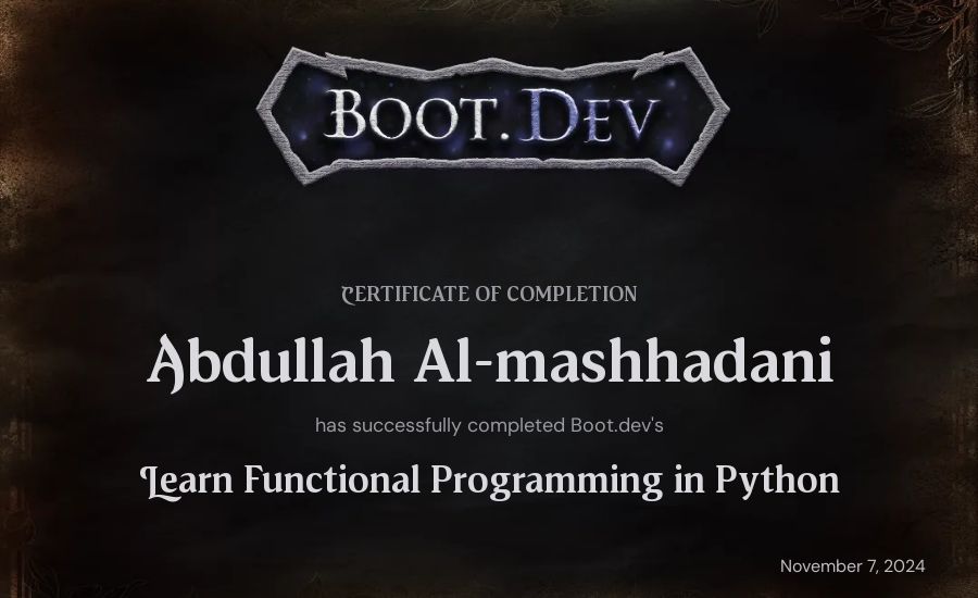 Abdullah Al-mashhadani's Boot.dev Learn Functional Programming in Python certificate