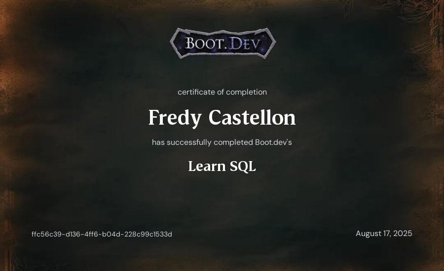 Fredy Castellon's Boot.dev Learn SQL certificate