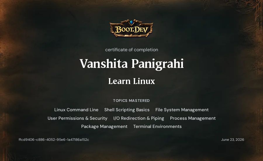 Vanshita Panigrahi's Boot.dev Learn Linux certificate