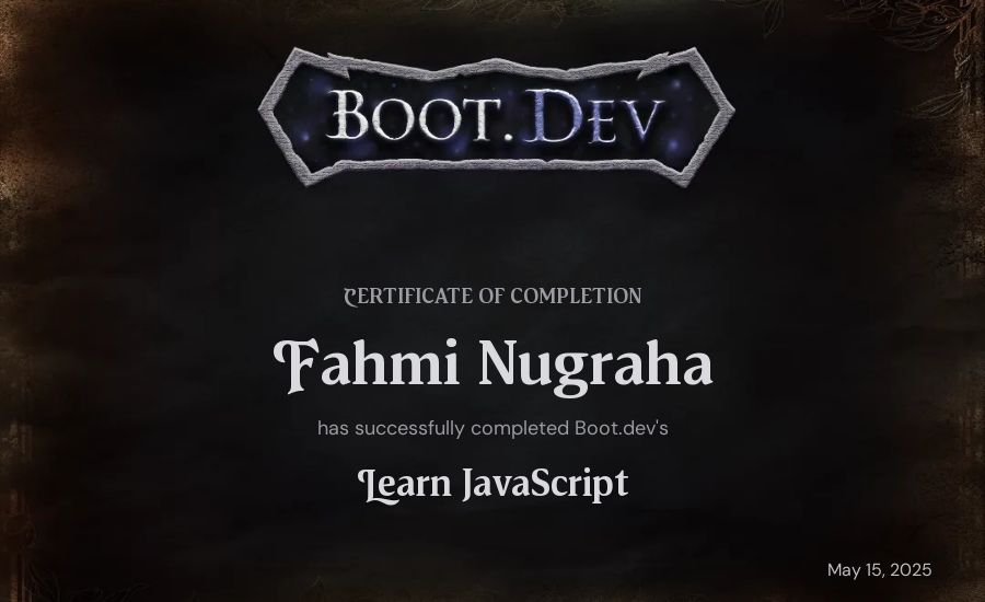 Fahmi Nugraha's Boot.dev Learn JavaScript certificate