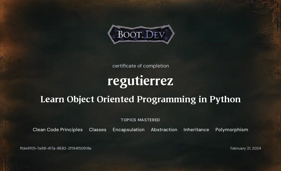 regutierrez's Boot.dev Learn Object Oriented Programming in Python certificate