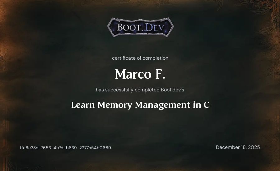 Marco F.'s Boot.dev Learn Memory Management in C certificate