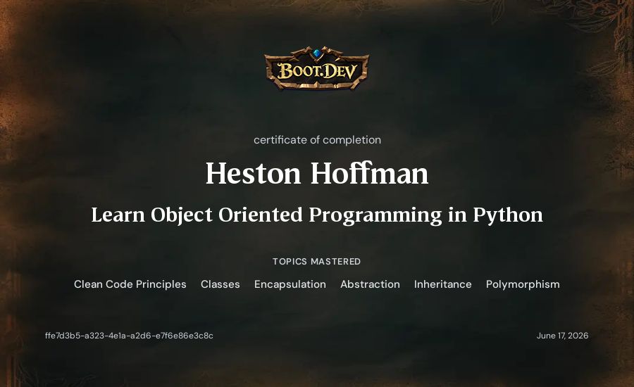 Heston Hoffman's Boot.dev Learn Object Oriented Programming in Python certificate
