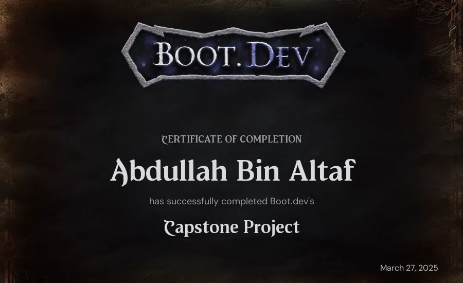 Abdullah Bin Altaf's Boot.dev Capstone Project certificate